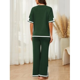 YIJIU Knit Lounge Sets for Women Autumn 2 Piece Outfits Short Sleeve Pullover Top and Long Pnats Matching Pajama Sets Tracksuit,Army Green,L