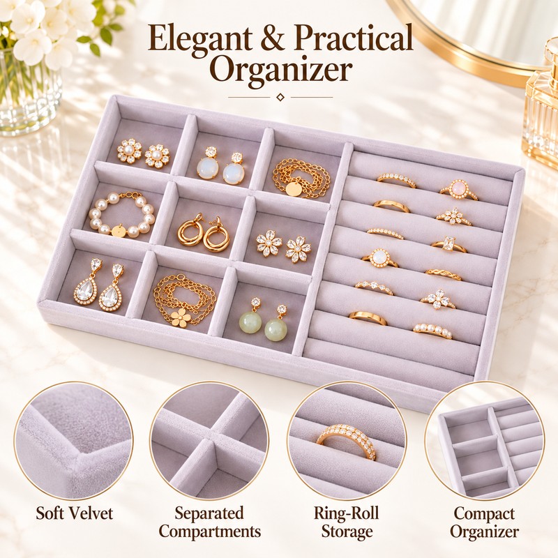 Velvet Jewelry Organizer Tray for Jewelry Storage – 6 Grid,