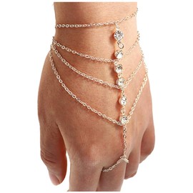 Suyi Finger Ring Bracelet Hand Harness Chain Bracelet Rhinestone Gifts for Women Silver 10CM/3.9IN
