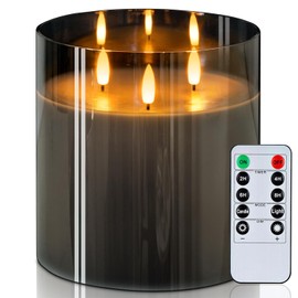 Homemory 6X6'' Extra Large Flameless Candle with 3 Wicks, Glass LED Pillar Candle, Real Wax Battery Operated Candle with Remote Control and Timer, Grey