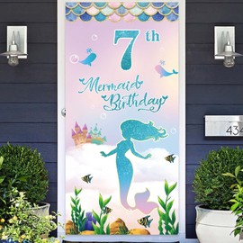 Mermaid Happy 7th Birthday Banner Backdrop Background Castle Tropical Fish Scales Under the Sea Theme Decorations Decor for Girls Princess Daughter 7th Birthday Party Baby Shower Flag Supplies Favors