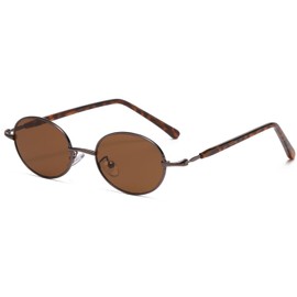 Long Keeper Retro Oval Sunglasses Small Metal Sunglasses for Men Women Cool Trendy Small Hippie Oval Sun Glasses UV400 Vintage Shades, 46MM (Bronze Leopard Frame - Brown Lens)