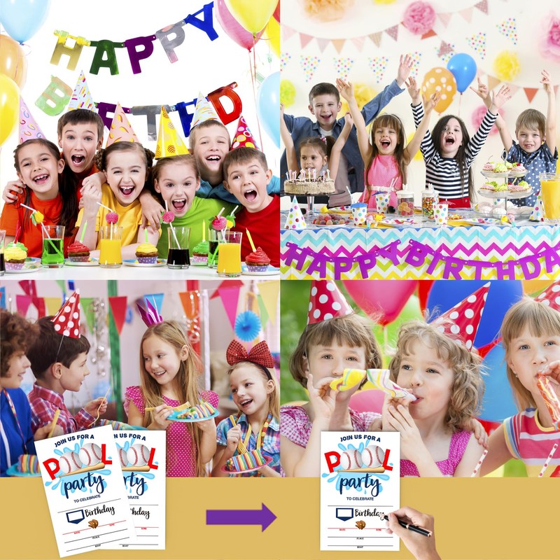 Qiwog Baseball Pool Birthday Invitations with Envelopes - 20 Pieces