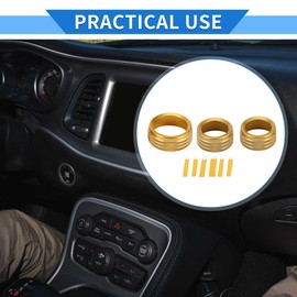 VekAuto 3 Pcs AC Air Conditioner Media Volume Tune Control Switch Knob Cover Ring Compatible for Dodge Challenger 2015-2019, Sturdy Aluminum Alloy Gold Tone