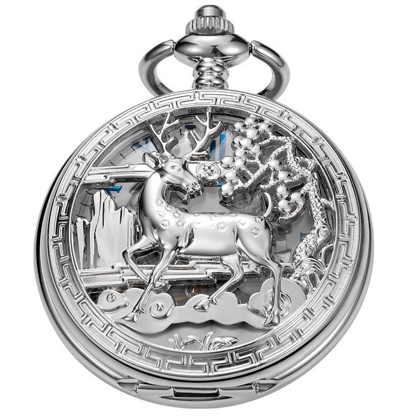 Single Opening Silver Mechanical Pocket Watch Deer Hollow Case, A