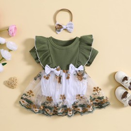 Siyova Baby Girl Romper Dress Long Sleeve Floral Embroidery Tulle Patchwork Romper with Headband Toddler Princess Dresses Autumn Winter Outfits (Green Short Sleeve, 6-12 Months)