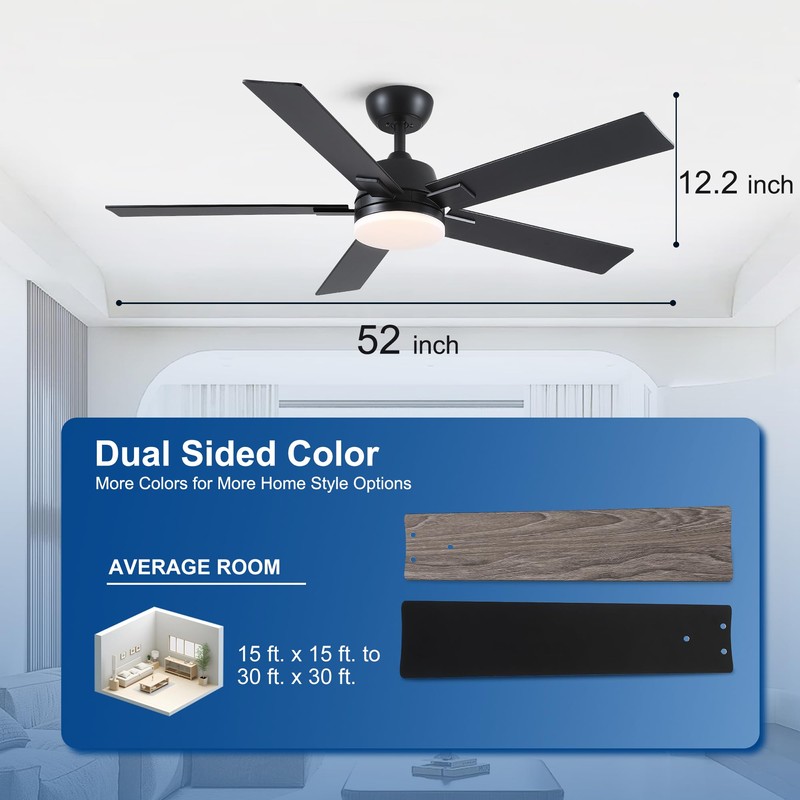 Rayqueen 52 Inch Ceiling Fans with Lights and Remote, Black