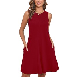 Heymoments Women Summer Dress Burgundy X-Large Sleeveless Crew Neck Casual Cute Loose Fitting Tank Sundress Comfy Swing Midi Flowy A-line Trendy Beach Vacation Teacher Dresses with Pockets