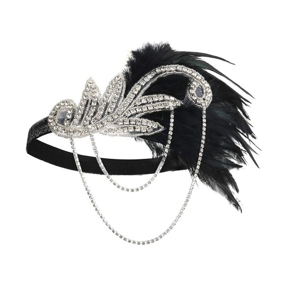 JISEN 1920s Flapper Vintage Feather Gatsby Crystal Headpiece - Black
