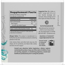 Sunwarrior Creatine Monohydrate Powder Micronized PreWorkout Recovery Supplement | Support Muscle Building Strength Training Cognition | Vegan & Keto Friendly Bulk Size (120 Servings) Unflavored