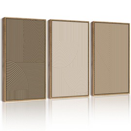 PHOPAGO Boho Mid-Century Modern Framed Wall Art Large 16x24in Minimalist Abstract Neutral Line Wall Decor Bohemain Geometric Artwork Bedroom Home Office - Natural Framed