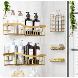 Luxury Style Stainless Steel Shower Caddy Set - Rustproof, Durable, and Adhesive Hanging Bathroom Organizer Kit with 5 Pieces | Shower Caddy Organizer | Bathroom Decor (Luxury Gold)