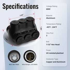 RVBOATPAT 3 Port Dual Entry Insulated Connector 3/0-6 AWG Black Electrical Cable Insulated Multi Tap Connector 7/32" Allen Hex Aluminum Wire Connectors - 6 Pack