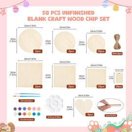 58Pcs Unfinished Blank Wood Slices, Pyrography Wood Blanks with Pigments/Paintbrush/5M Twine, 8 Sizes Unfinished Natural Wooden Pieces, Wooden Circles Square Hearts for Craft DIY Painting