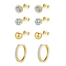 wynn's Gold Earrings for Women, 925 Sterling Silver Stud Earrings, Cubic Zirconia Small Sleepers Studs Hoops Earrings, 4mm Stud Earrings + 12mm Hoop Earrings, 4 Pairs Gold Earrrings set