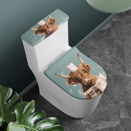 KUIFORTI Toilet Lid Cover Elongated Toilet Seat Cover Set Highland Cow Gifts Seat Lid Decoration Round Oval, Cow Reading Newspaper Print
