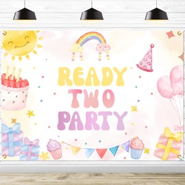 Ready Two Party Banner - Girls' 2nd Birthday Backdrop, Spring Retro 2 Years Old Birthday Photography Background Supplies for Girls,7 * 5 Ft