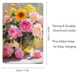 Colorful Floral Wall Decor White Vase Oil Painting Wall Printing Plant Picture Poster For Bedroom Living Room Garden Metal Sign Aluminum Decoration 8x12 Inch