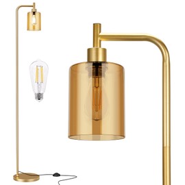 Ziisee Floor Lamps for Living Room - Gold Standing Lamp with Amber Glass Shade, Modern Floor Lamp with LED Bulbs, Bright Industrial Floor Lamp for Bedroom, Farmhouse Tall Lamp for Office