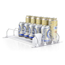 OTraki Drink Organizer for Fridge, 3 Rows Soda Can Drink Dispenser for Refrigerator Space-Saving Can Holders Dispenser with Automatic Pusher Glide and Adjustable Width, Hold up to 15 Cans, Clear