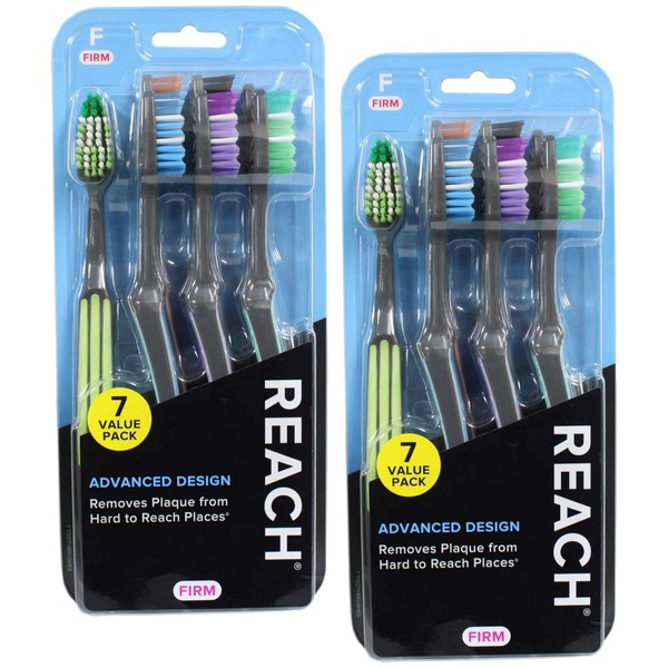 Reach Advanced Design Toothbrush, Firm Bristles for Hard to Places, Adult Toothbrush, Bulk 7 Count (Pack of 2) Total 14 Toothbrushes, Colors May Vary