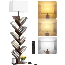 OUTONLIFE 9 Tier Tree Bookshelf with Light, Remote & Timer, Dimmable Tall Floor Standing Lamp, Narrow Wood Bookcase, Small Book Organizer Shelves for Living Room, Bedroom, Home Office (Walnut)