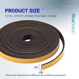 BlueStars 1/2 in x 1/8 in 33FT (2 Rolls x 16.5FT) Adhesive Foam Tape, Thermal Rubber Strip, for Doors & Windows, Soundproofing & Sealing