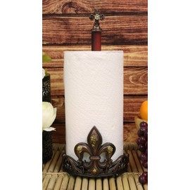 Ebros 16" Tall Southwestern Rustic Vintage Fleur De Lis Emblem with French Fleury Cross Top Crown Paper Towel Holder Display Dispenser Stand Kitchen Bathroom Home Decor in Bronze Patina Finish