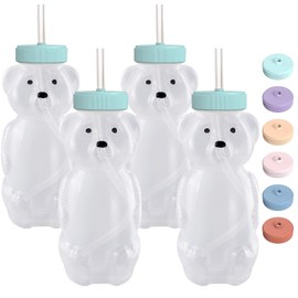 Honey Bear Straw Cups for Babies 4 pack, 8oz straw bear cup with improved safety lid design, honey bear cup and honey bear bottle. Straw learning therapy cup. Leak-Proof & Food-Grade & BPA Free