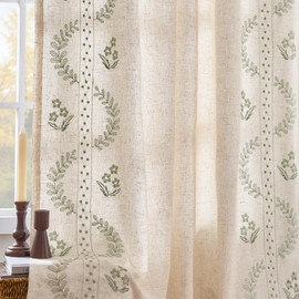 jinchan Lined Linen Blend Curtains Boho Floral Curtains for Bedroom 84 Inch Length Sage Green Embroidered Drapes Rod Pocket Farmhouse Flower Drapes for Living Room Window Treatments Set 2 Panels