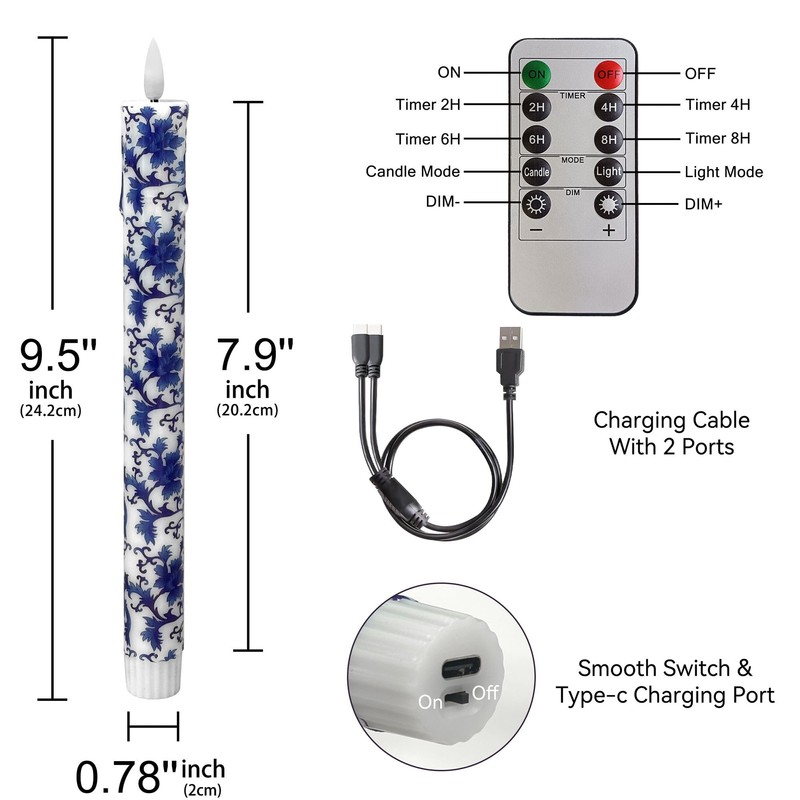 Chinoiserie LED Candles Remote Candlesticks-10inches Blue and White Battery Operated