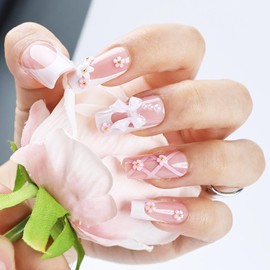 Yazikisa French Square Press on Nails with Bow Charms Medium False Nail Tips Stick on Fake Fingernails Acrylic Artificial Manicure Women Girls Full Cover Salon Wedding 24Pcs