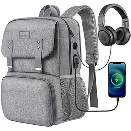 Lunch Bags for Women, Insulated Cooler Backpack Lunchbox School Laptops Bookbag with USB Charging Port, Water Resistant College Computer Bag Fits 15.6 Inch Laptop for Girls, Student Gifts, Grey