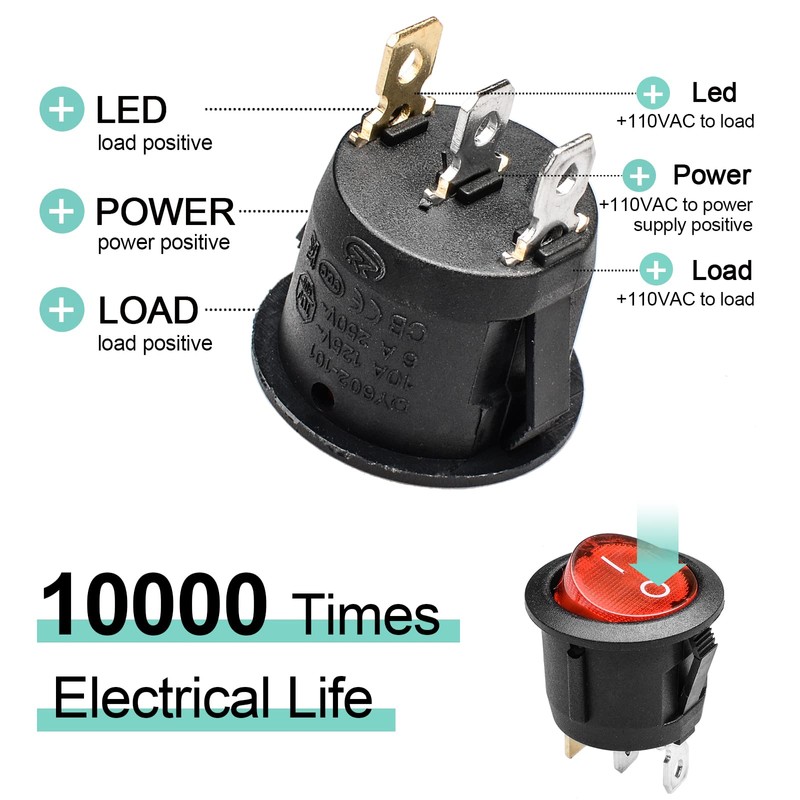 QTEATAK KCD1 On/Off 3-Pin 2-Position Snap 10A/125V, 6A/250V Red LED