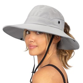 DRESHOW Women's Sun Hat Outdoor UV Protection Hat Foldable Mesh Wide Brim Fishing Ponytail Beach Bucket Hats, 1 Pack: Light Grey