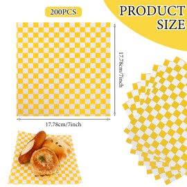 zsccxq 200 Pcs Wax Paper Sheets for Food Deli Wrap Paper Sheets 7 * 7 Inch Food Basket Liners Checkered Square Sandwich Wraps for Burgers Bread Restaurant Barbecue PicnicYellow