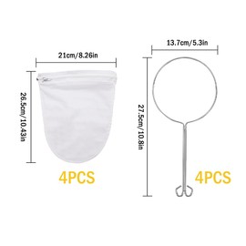 Kellegour Pack of 4 Nut Milk Bags with Stand, Cotton Strainer Bag with Zip, Nylon Filter Bag with High Density, Washable Nut Milk Bag, Nut Milk Strainer for Kitchen, Cheese, Berries, Nut Milk, Soup