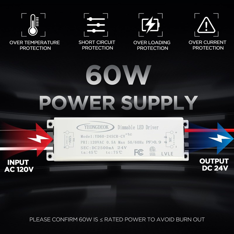 NAWVACE 60W Triac Dimmable LED Driver, 24V 2.5A Power Supply,