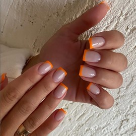 SXVME 30 Pcs Orange French Tip Press on Nails Short Square, Acrylic Fake Nails Press ons with Glue, Small Coffin Acrylic Natural Nude Glue on Nails for Women, 15 Sizes