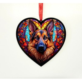 Image Industry German Shepherd Stained Glass Effect Heart Suncatcher - Garden Gift - Dog Gift - Pet Memorial (Tan, 13cm)