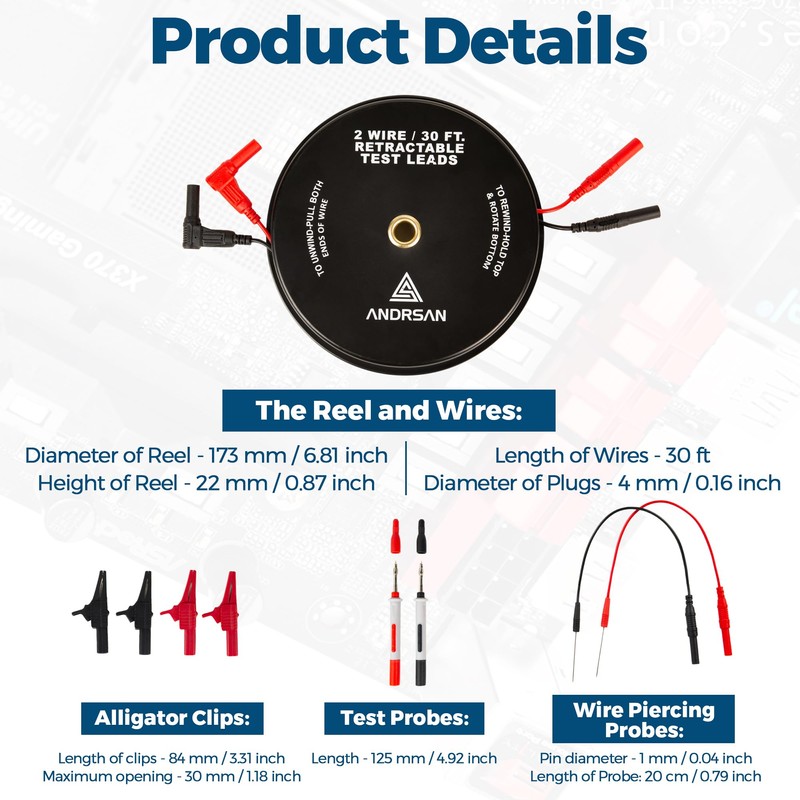 2 Wire 30 ft Retractable Test Leads with 4 mm