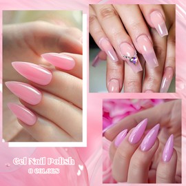 MTSSII Pink Jelly Rubber Builder Gel Base Coat for Nails, Rubber Base Gel Polish Pink Nail Polish Kit Salon Transparent Nail Art DIY Girl Women Gift 8PCS