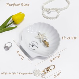 TIGERMILLION Sea Shell Initial Jewelry Dish, Shell Trinket Dish with Keychain, Ceramic Seashell Jewelry Holder, Cute Organizer Plate Vanity Decorations Accessories for Home Décor Bathroom, 4.6”, (K)
