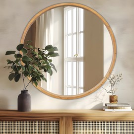 GIFTTROVE 36" Bathroom Mirror, Round Wall Mirror with Wood Frame, Farmhouse Mirror for Wall Decor, Wall-Mounted Mirror for Bedroom, Living Room, Brown