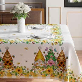 BOTB LIHM Yellow White Daisies Flowers Gnomes Spring Tablecloth Rectangle Washable Table Covers for Summer Seasonal Indoor Outdoor Dining Table Home Party Decorations 60x84 Inch