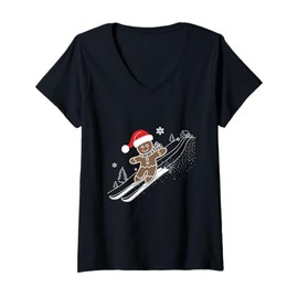Womens Gingerbread Man Christmas Skiing Down Gifts Winter Xmas Kid V-Neck T-Shirt