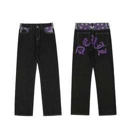 American Vintage Men's Jeans Gothic Panel Contrast Letter Print Jeans Men's Loose Wide Leg Casual Straight Pants (Purple+Black,XL)