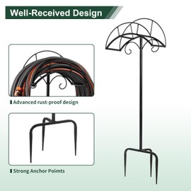 Hongshifu Heavy Duty Freestanding Hose Holder​​ – Upgraded 3-Prong Base Secures 160ft Hose, Detachable Metal Organizer for Yard & Lawn. Sturdy Black Outdoor Storage Stand with Anti -Tip Design