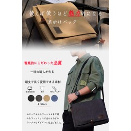 Flechazo Men's Shoulder Bag, Thick Canvas, Growing Genuine Leather, YKK Zipper, A4 Compatible, 14 Inches, Large Capacity, For Work, Travel, Lightweight, Lifetime, Khaki