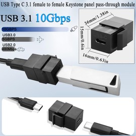 QIANRENON USB C 3.1 Keystone Connector 10Gbps USB Type C 3.1 Female to Female Keystone Adapter Jack USB C Wall Plate Socket Pass Through Module,100W Charging,for Wall Plate Patch Panel,Black,2Pcs